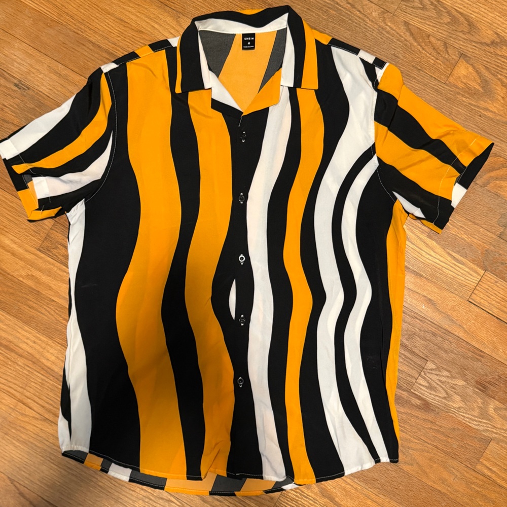 Striped Black, White, and Orange Button-Up Shirt